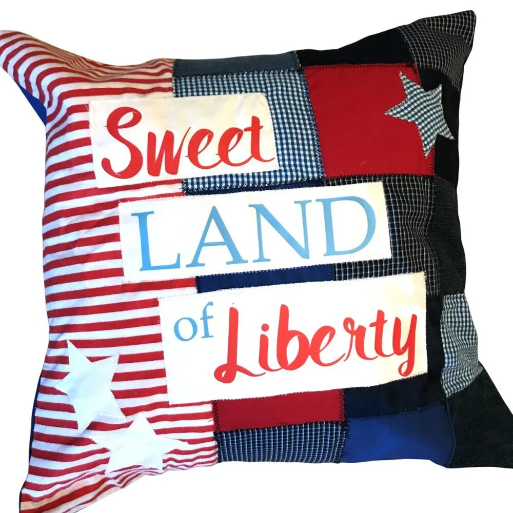 Patriotic Pillow Cover, Patchwork Stars Sweet Land of Liberty 18 x 18